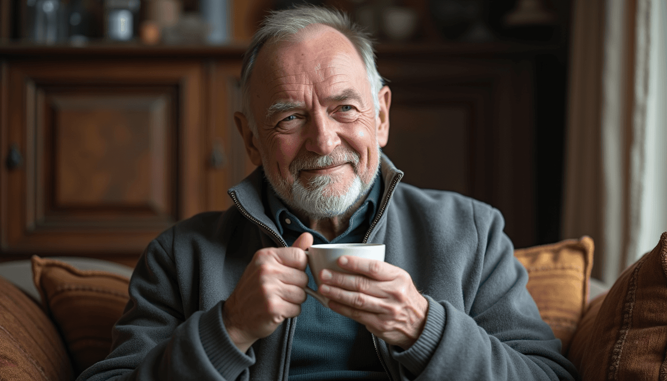 An old man in a grey jacket
