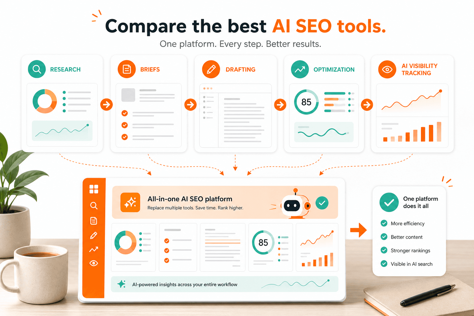 Illustration of comparing AI SEO tools by workflow and automation depth