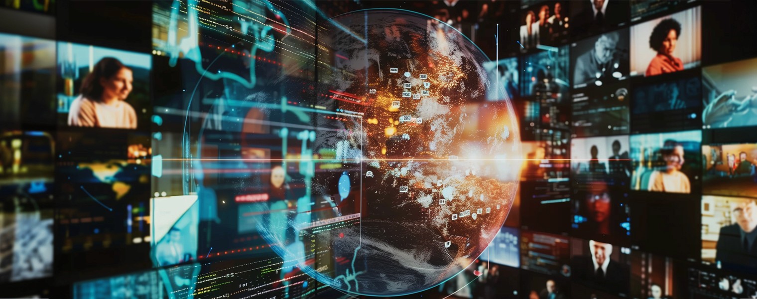 A digital globe glows amid data streams and faces, representing global Localization at LocWorld.