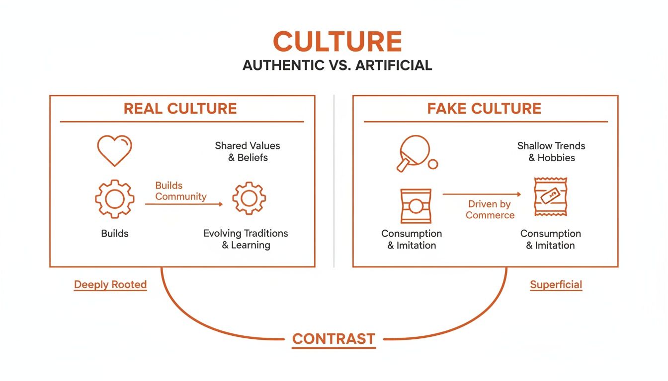 Diagram contrasting real versus fake culture, highlighting authenticity, community, and consumption.