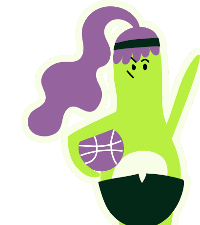 Sporty character with purple hair, wearing a headband and holding a basketball.