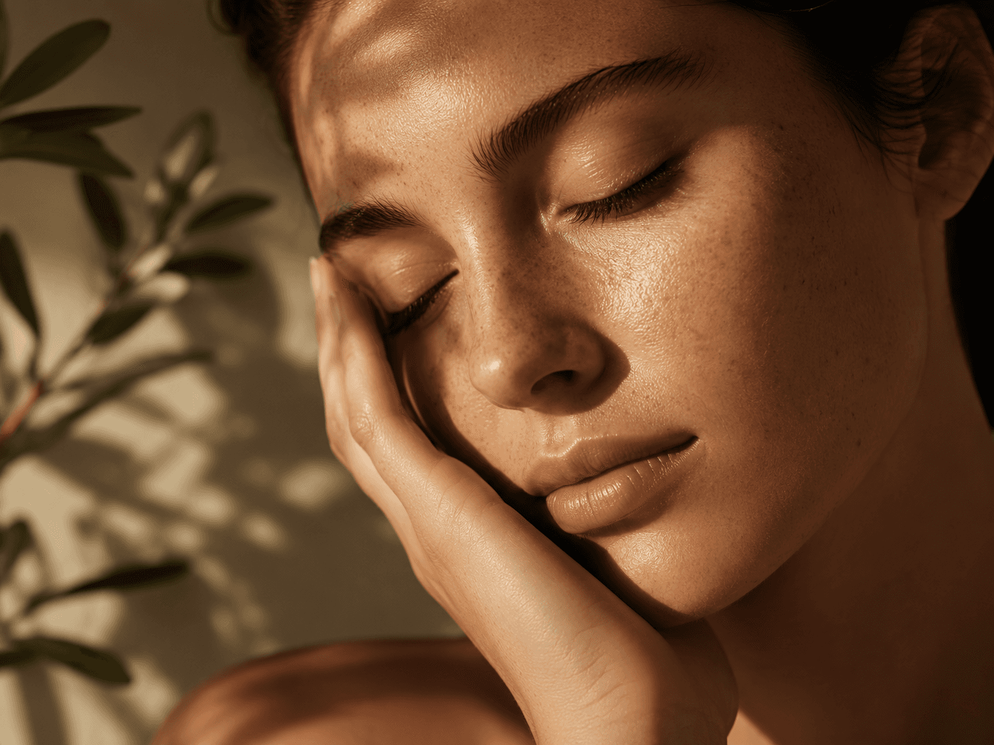 Close-up of a woman with dull, textured skin under soft natural lighting.