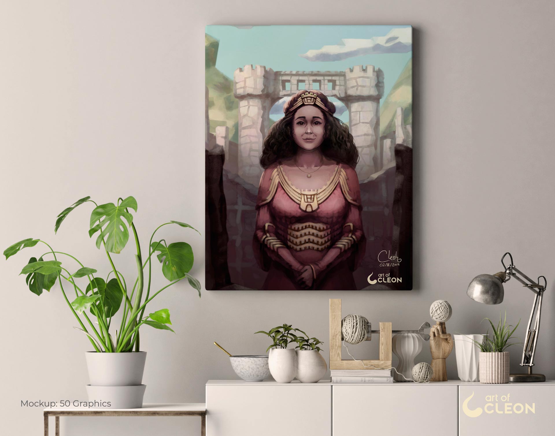 Printed mockup of the Princess of Castillo illustration.