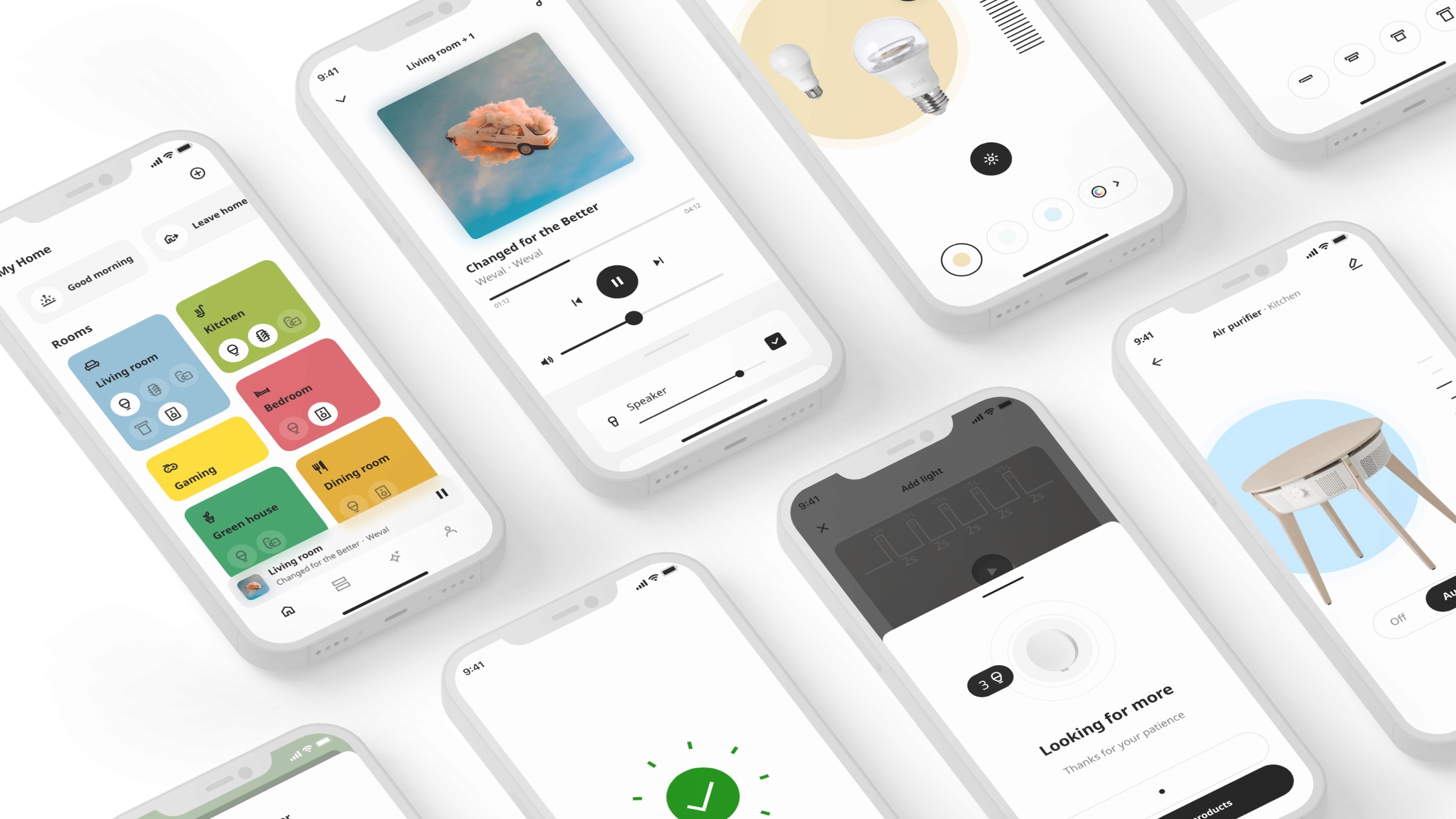 Colorful and easy to use UX and UI of the new IKEA Home smart app depicted as screenshots on mockup phones as an array. 