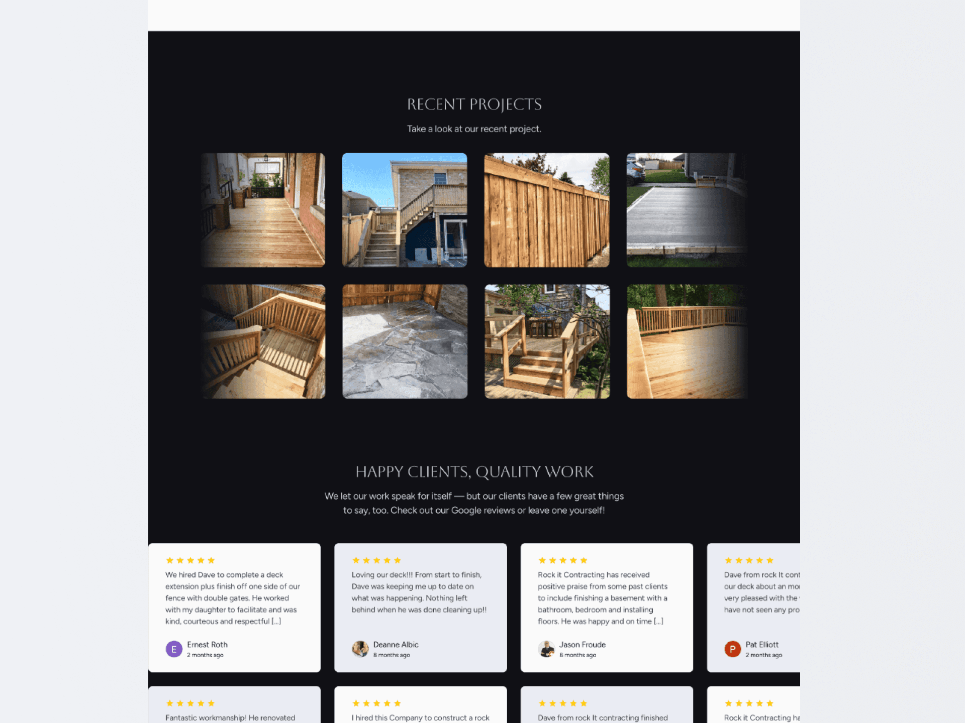 Project showcase with testimonial and workmanship photo.