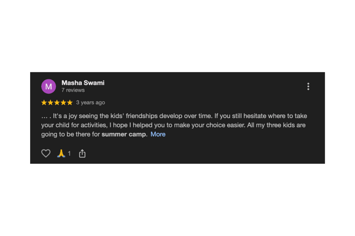 5-star review for SportPlus Academy Summer Camp – 'Joy seeing kids' friendships develop; all my three kids going to summer camp' - Masha Swami