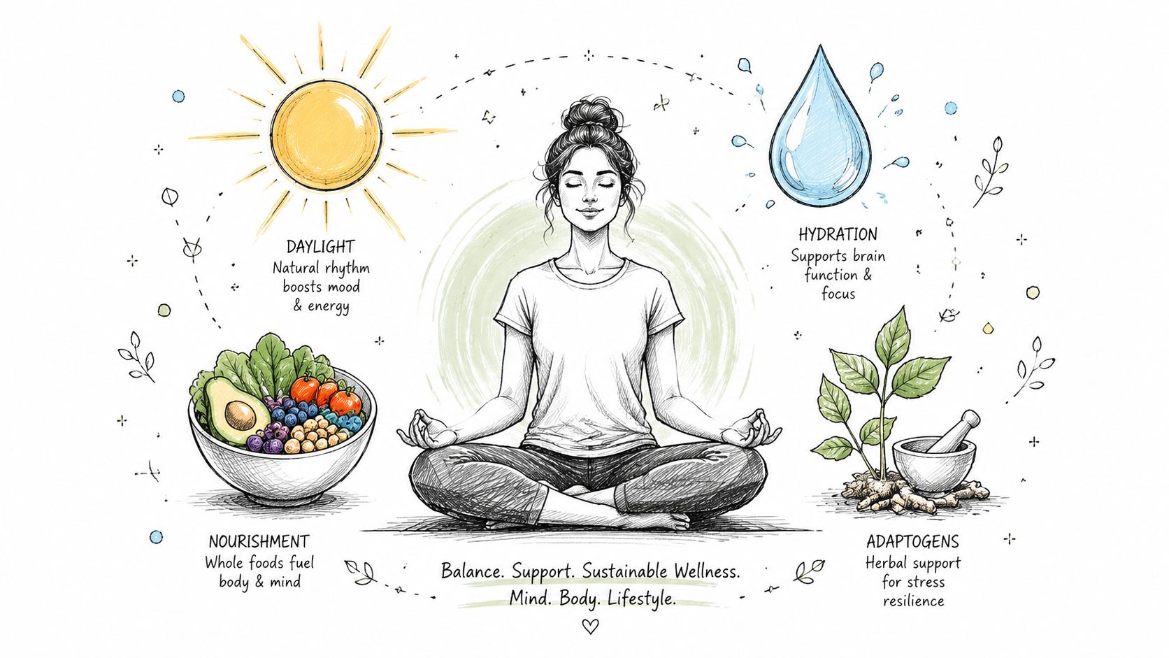 A woman meditating surrounded by wellness icons representing daylight, nourishment, hydration, and adaptogens for balanced living.