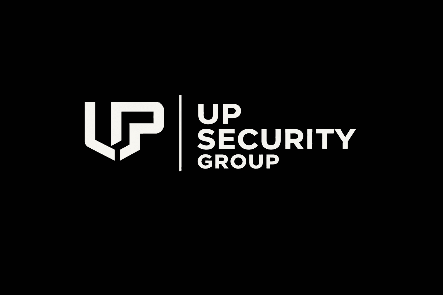 Logo UP Security Group w wersji jasnej na czarnym tle, monogram UP z logotypem