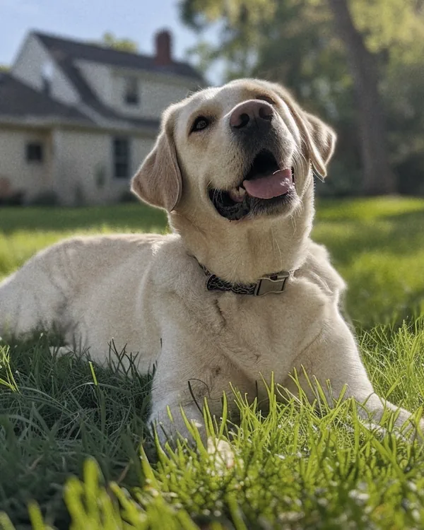A yellow Labrador laying outdoors on grass facing to the right and looking up with tongue out