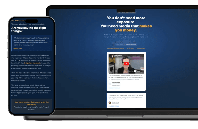 Justin Cross Media mockups of the site on mobile and desktop
