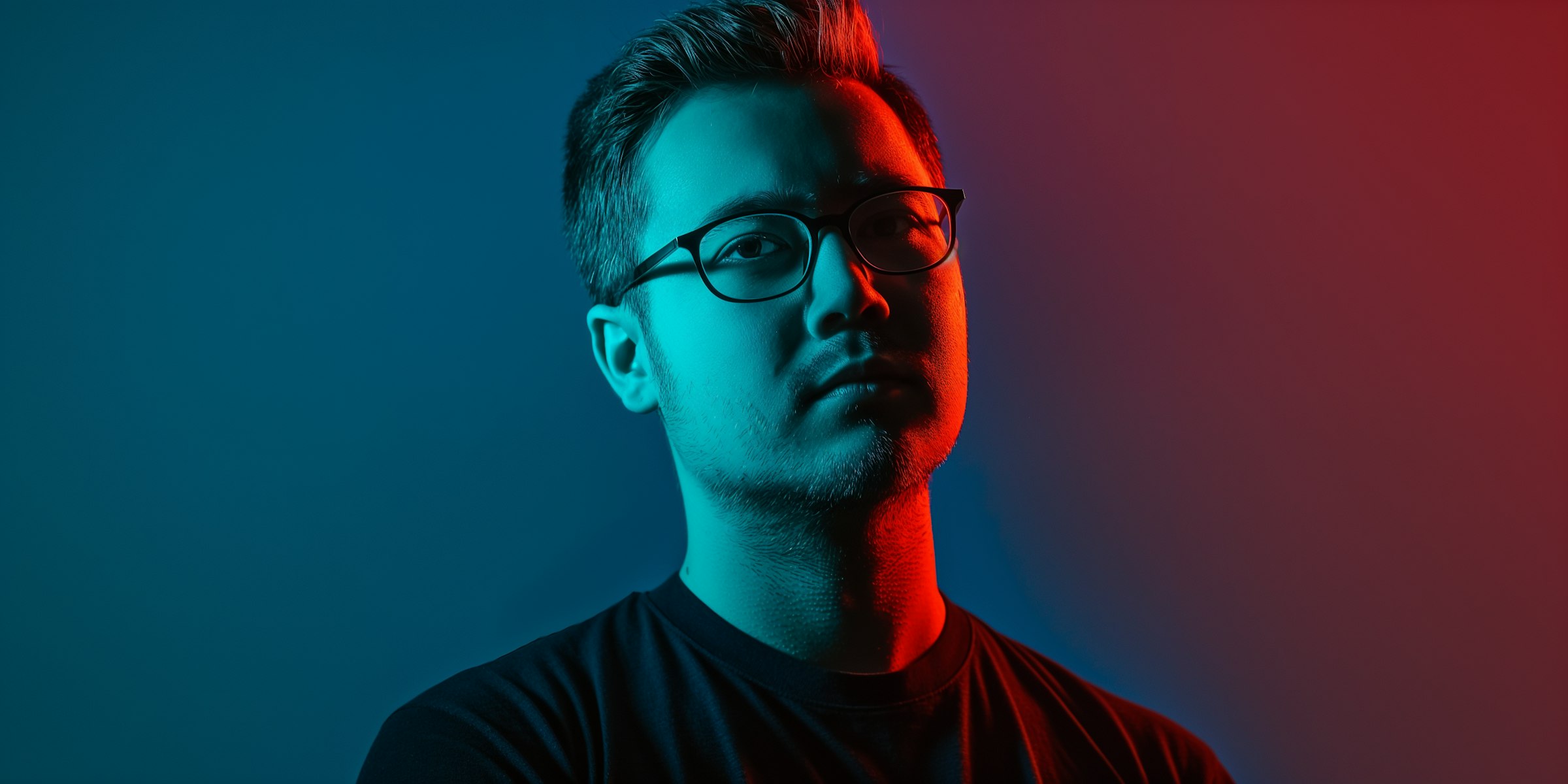  Dramatic Two-Toned Portrait of a Young Man The image is a striking portrait of a young man with a two-toned lighting effect, where one half of his face is bathed in cool blue light.