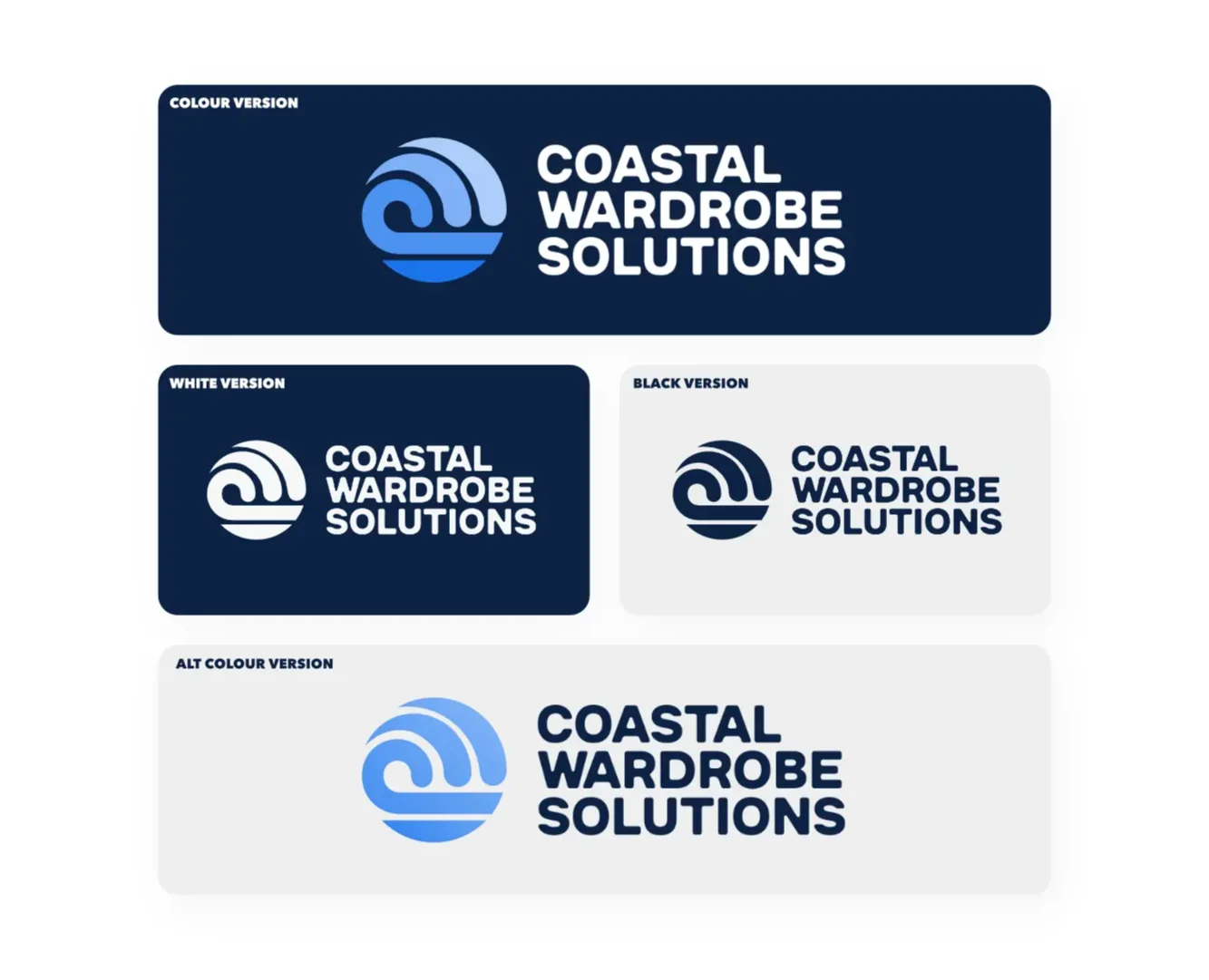 Four variations of the Coastal Wardrobe Solutions logo: a full-color blue version on navy, a white version on navy, a navy version on light gray, and a light blue version on light gray.