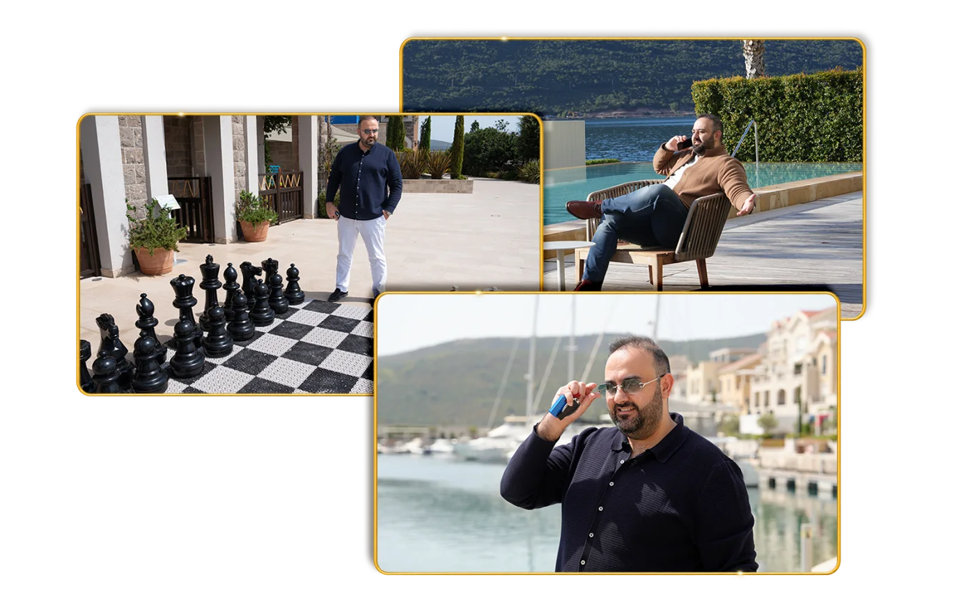 Fatih Çoban: satranç bahçesinde, havuz başında telefonla ve marinada