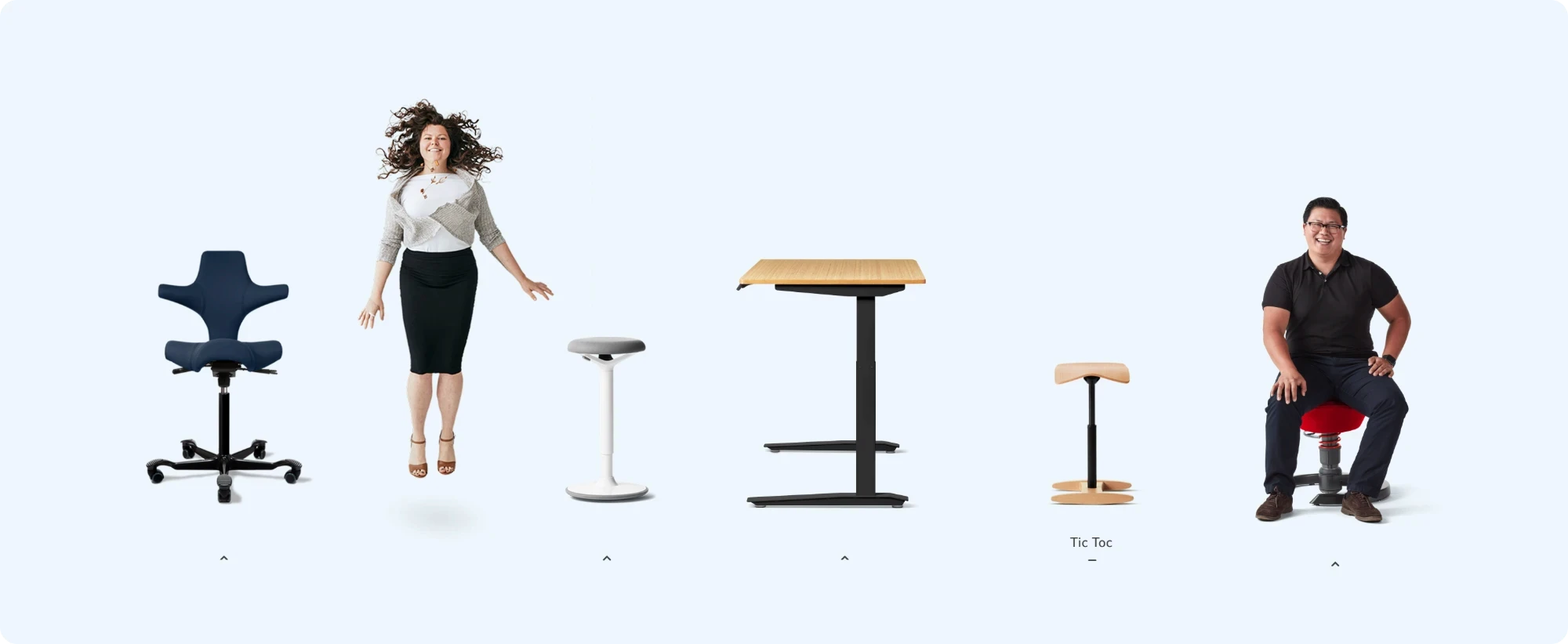 Fully product lineup: active chairs, stools and a standing desk alongside people in motion
