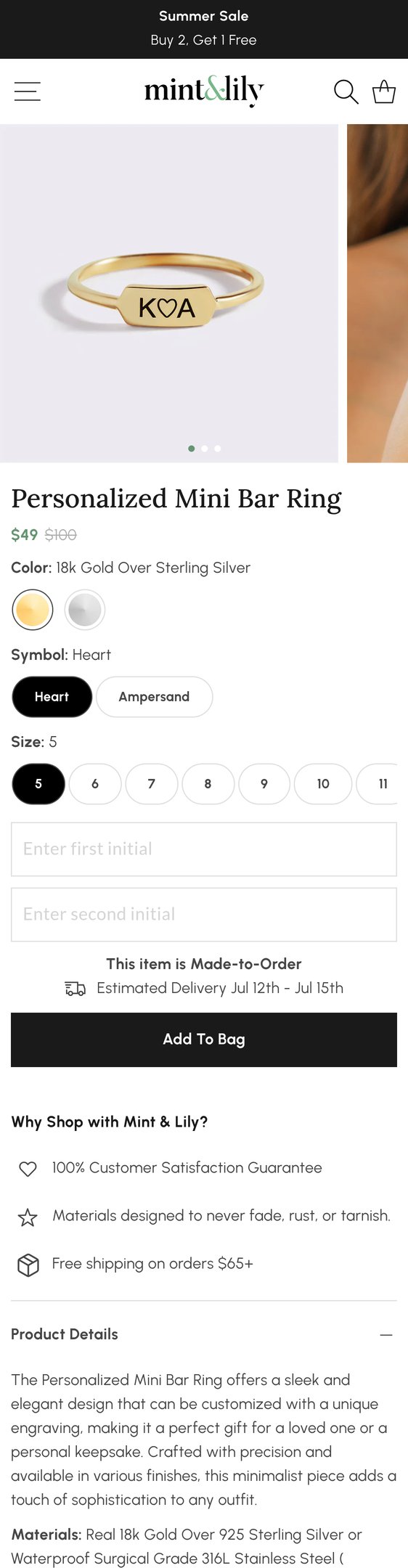 Jewelry product options include: ring for Personalized Mini Bar Ring from Mint & Lily.
