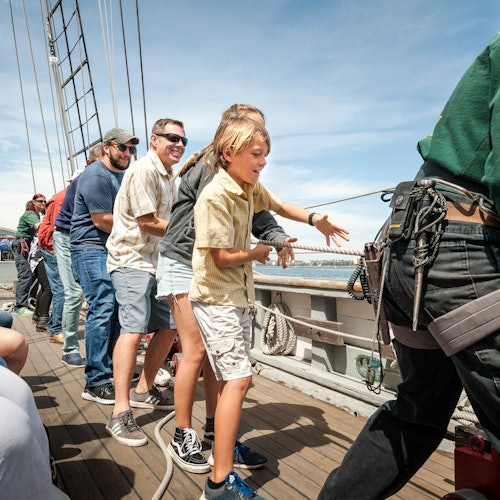 Visitors enjoy trimming the sails with the Museum's Californian sail crew.