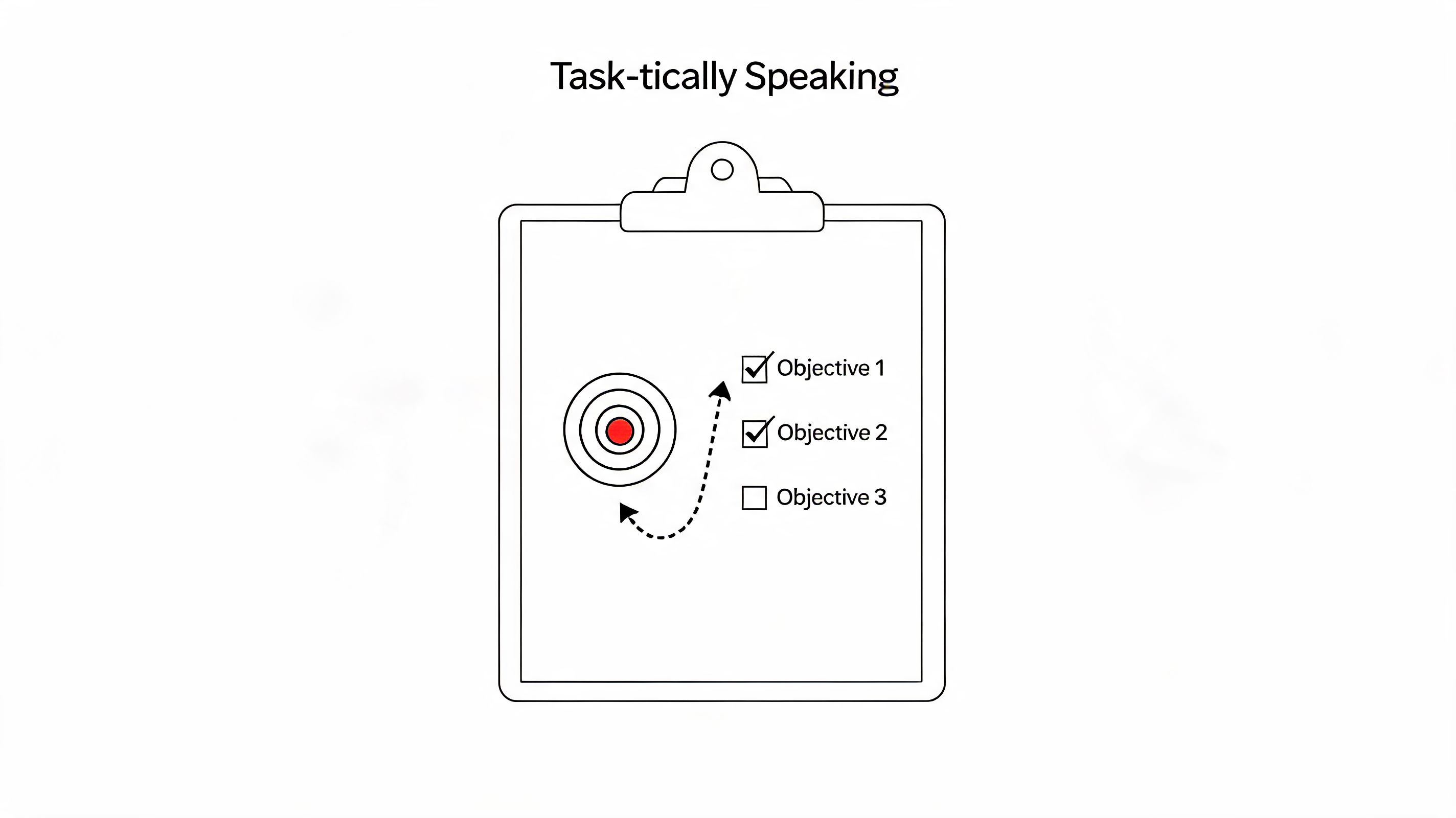 A clipboard illustration with a target and a checklist containing three objectives for work tasks.