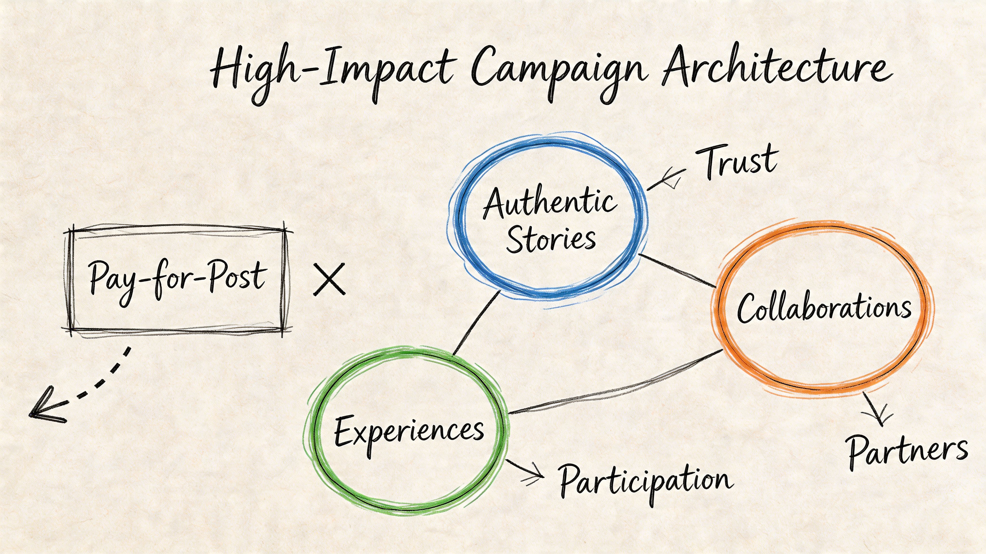 A diagram illustrating a high-impact campaign architecture, contrasting pay-for-post models with authentic stories, experiences, and collaborations.