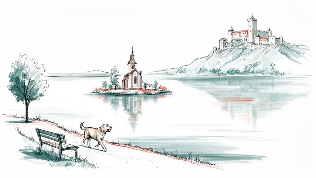 Illustration of a dog walking by a serene lake with an island church and a distant castle.