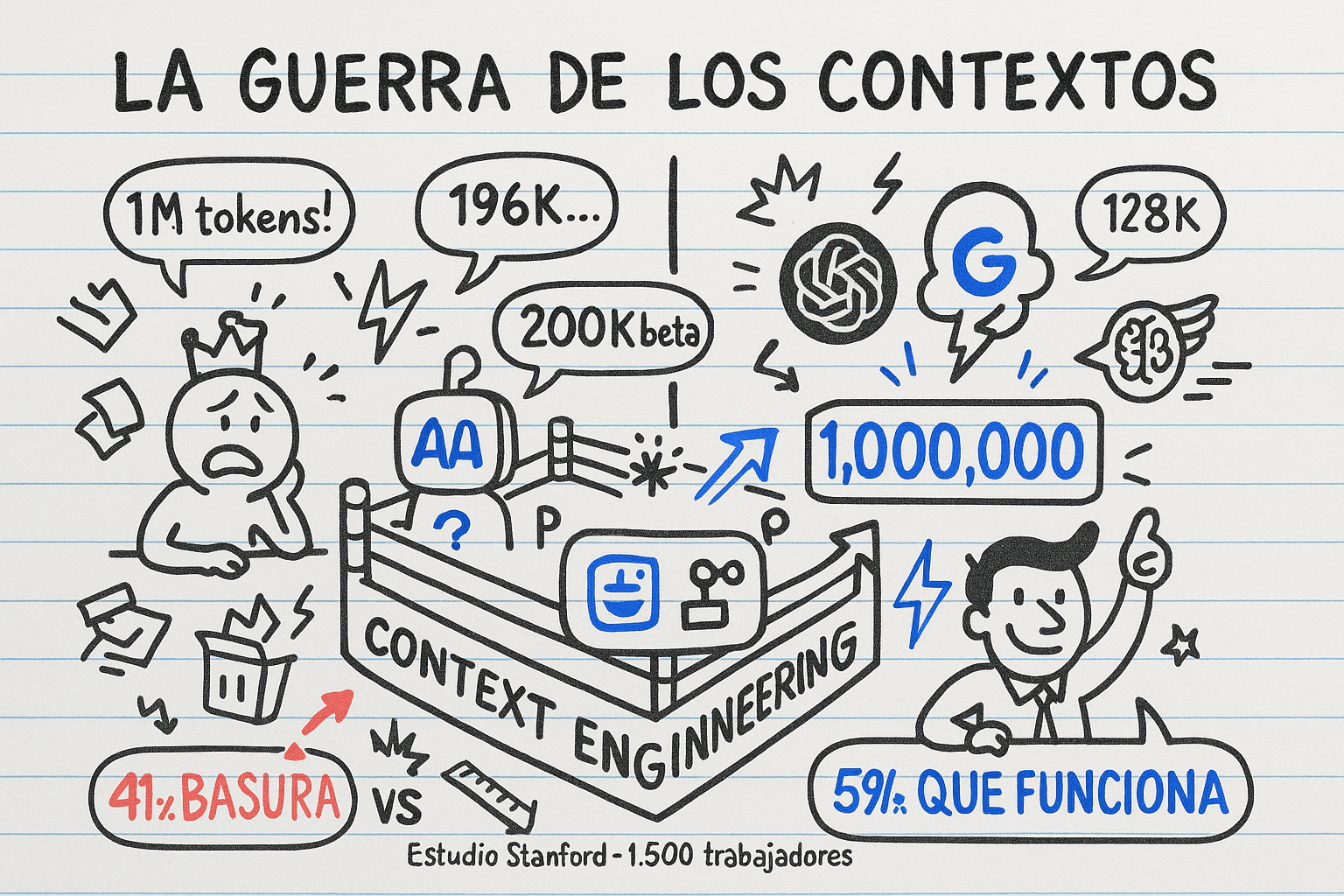 Ilustración comparativa de Gemini 3 vs GPT-5.1, Claude Sonnet 4.5 y Grok 3 mostrando ventana de contexto de 1 millón de tokens
