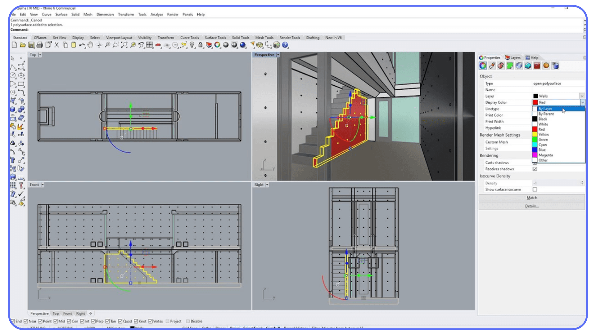 Rhino 3D interface showing multiple viewports with an interior architectural model and active gumball tool