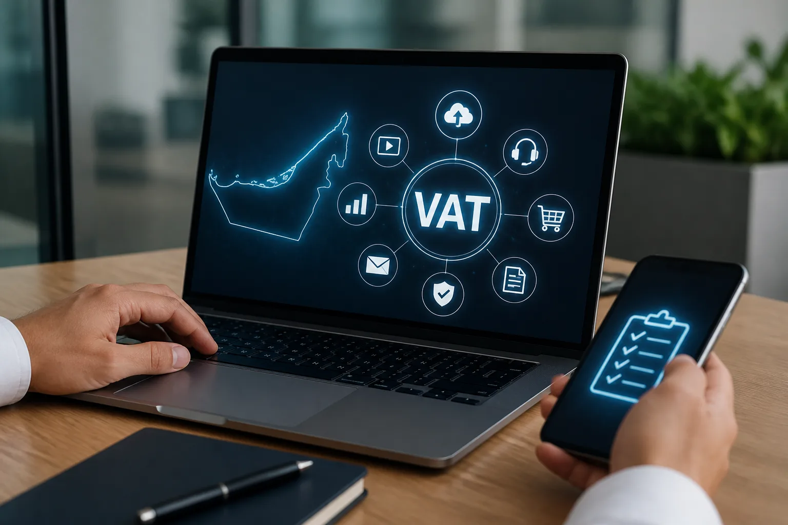 VAT on Digital Services in the UAE beside a tax filing dashboard and a document
