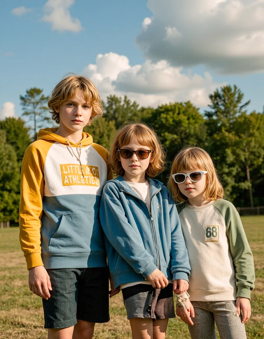 Three children in colorful casual clothing standing outdoors against a backdrop of trees and blue sky with fluffy clouds