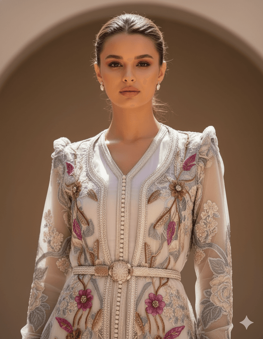 A soft blush-toned caftan adorned with delicate floral embroidery. A refined piece embodying femininity and understated luxury.