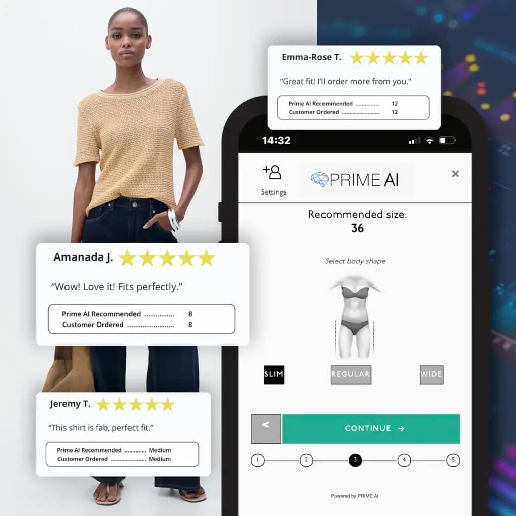AI-powered clothing size recommendation app showing accurate size matches and positive customer reviews to reduce returns in fashion ecommerce