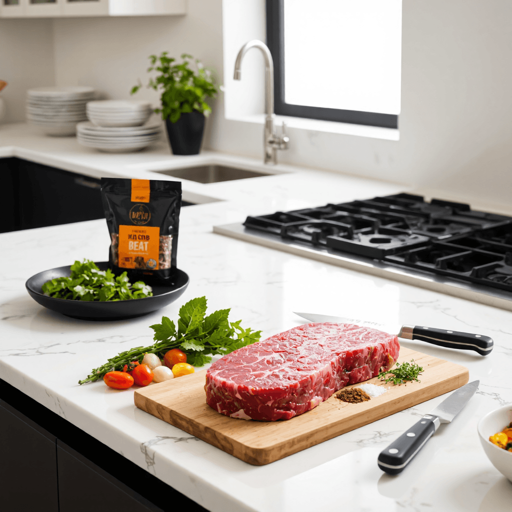 product photography of packaged raw beef