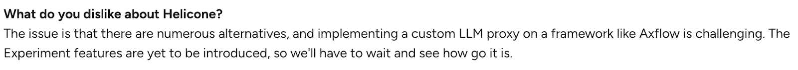 User feedback noting implementation complexity and feature maturity concerns in Helicone