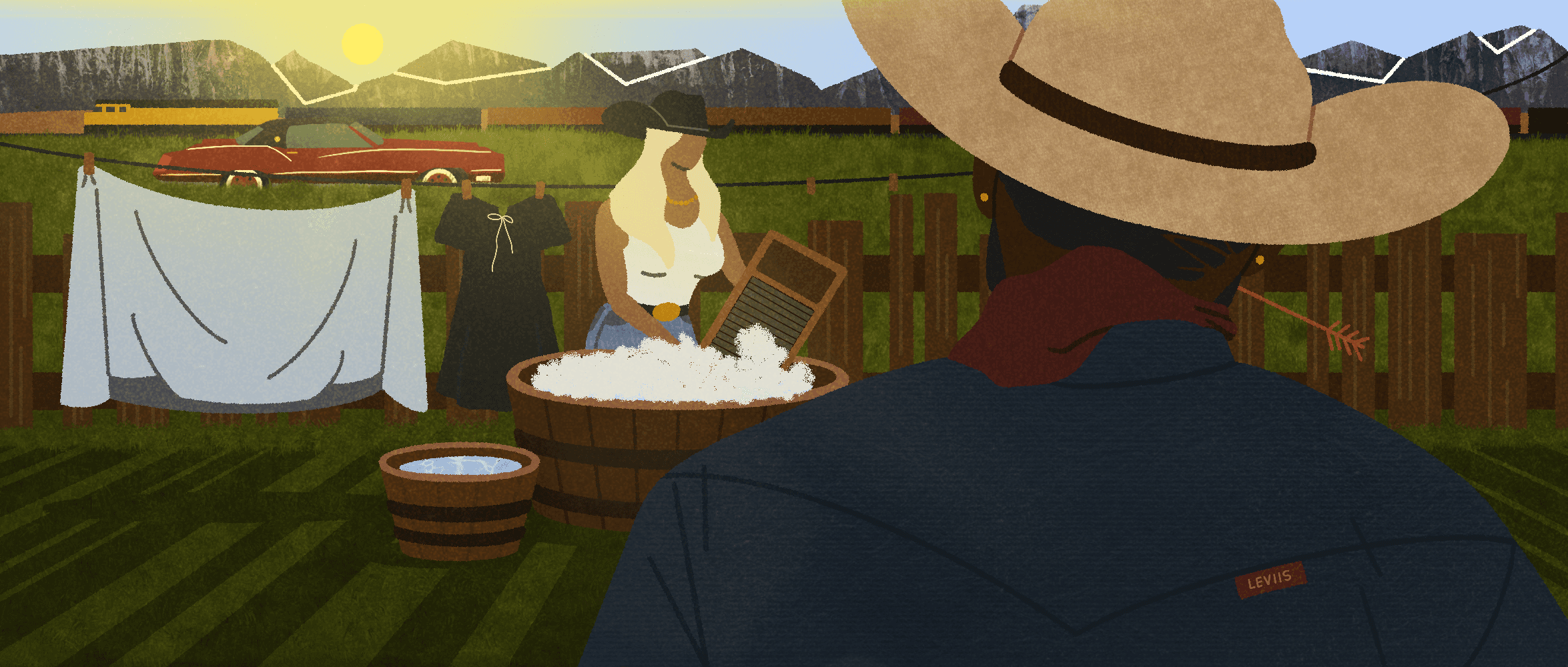 Illustration of a woman doing laundry in the open fields; her Levi's-wearing man watches lovingly.