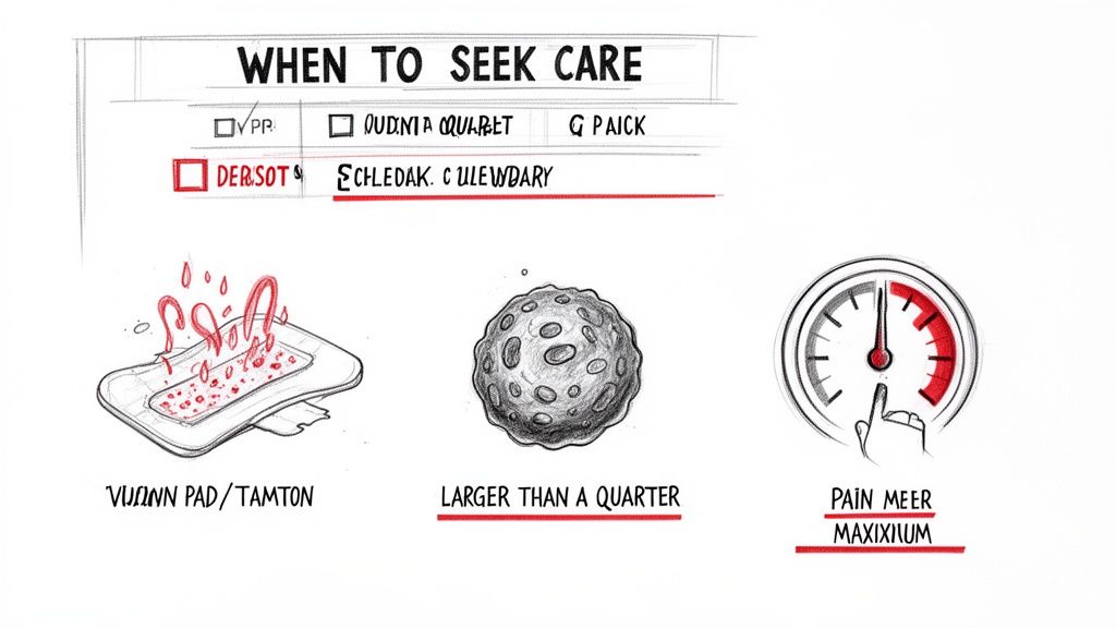 A sketch illustrating when to seek care for heavy bleeding, large clots, and maximum pain.