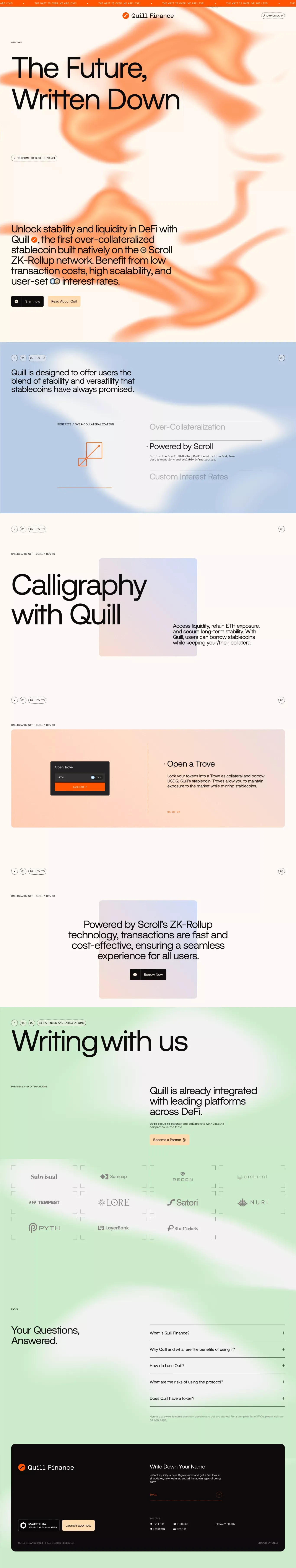 Quill Finance ⧫ Decentralized Liquidity landing page screenshot showcasing Finance and Tech design