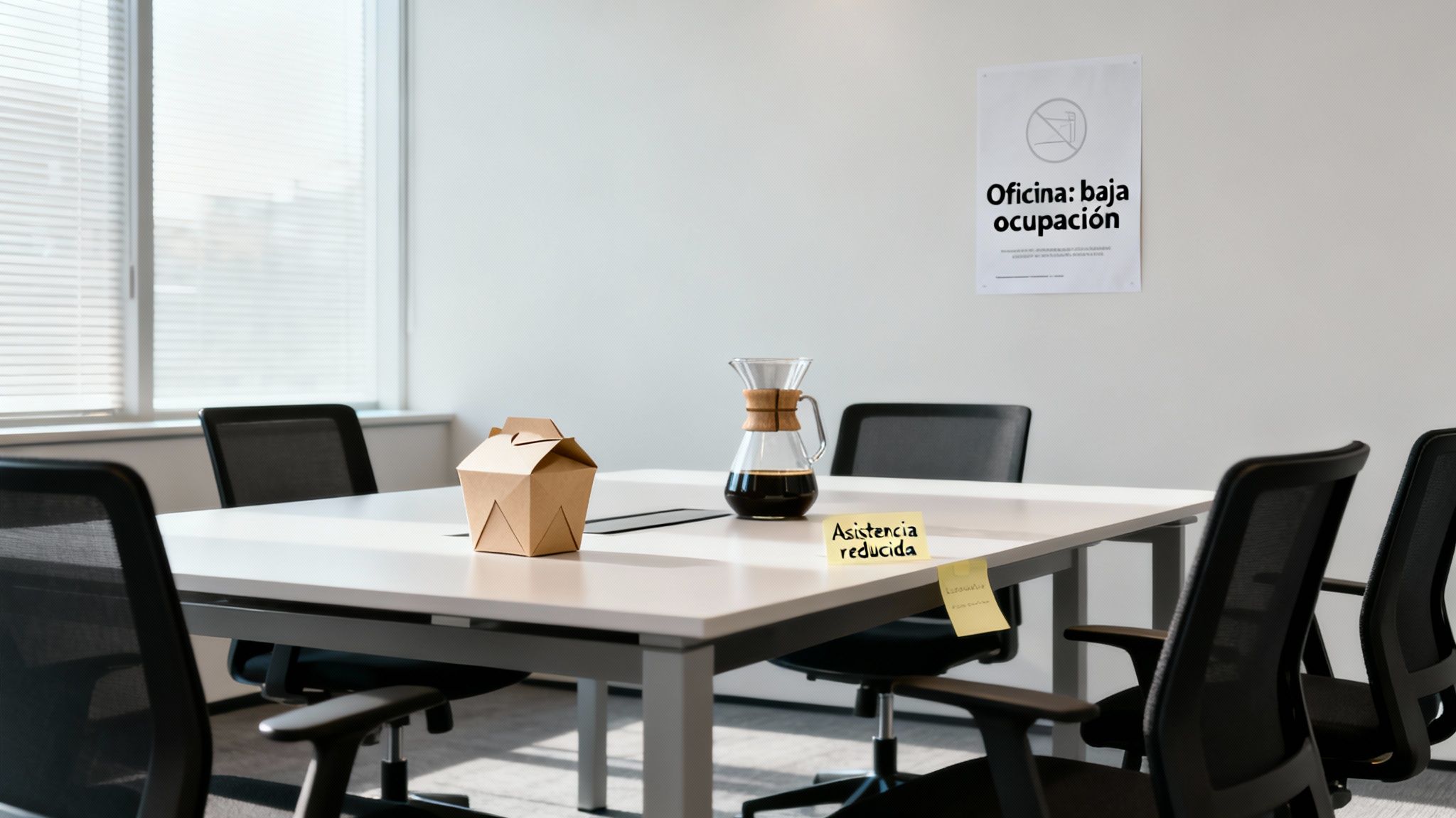 Una de las desventajas del teletrabajo es la baja ocupación de la oficina, representada por una sala moderna con mesas y sillas vacías.