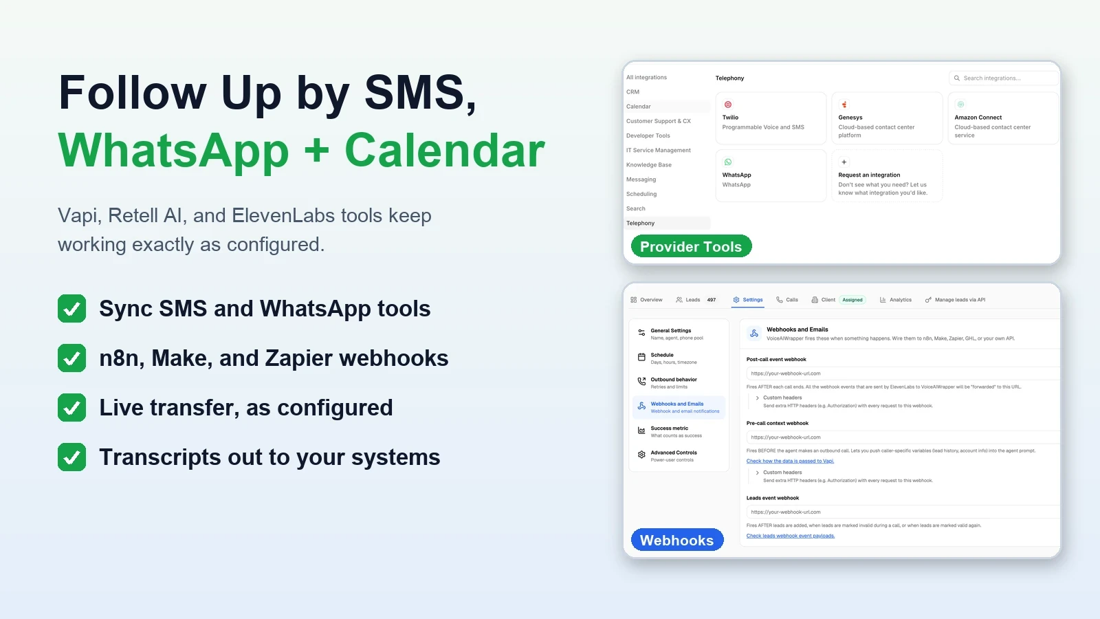 ElevenLabs integrations and VoiceAIWrapper webhook settings that keep SMS, WhatsApp, and automation tools connected.