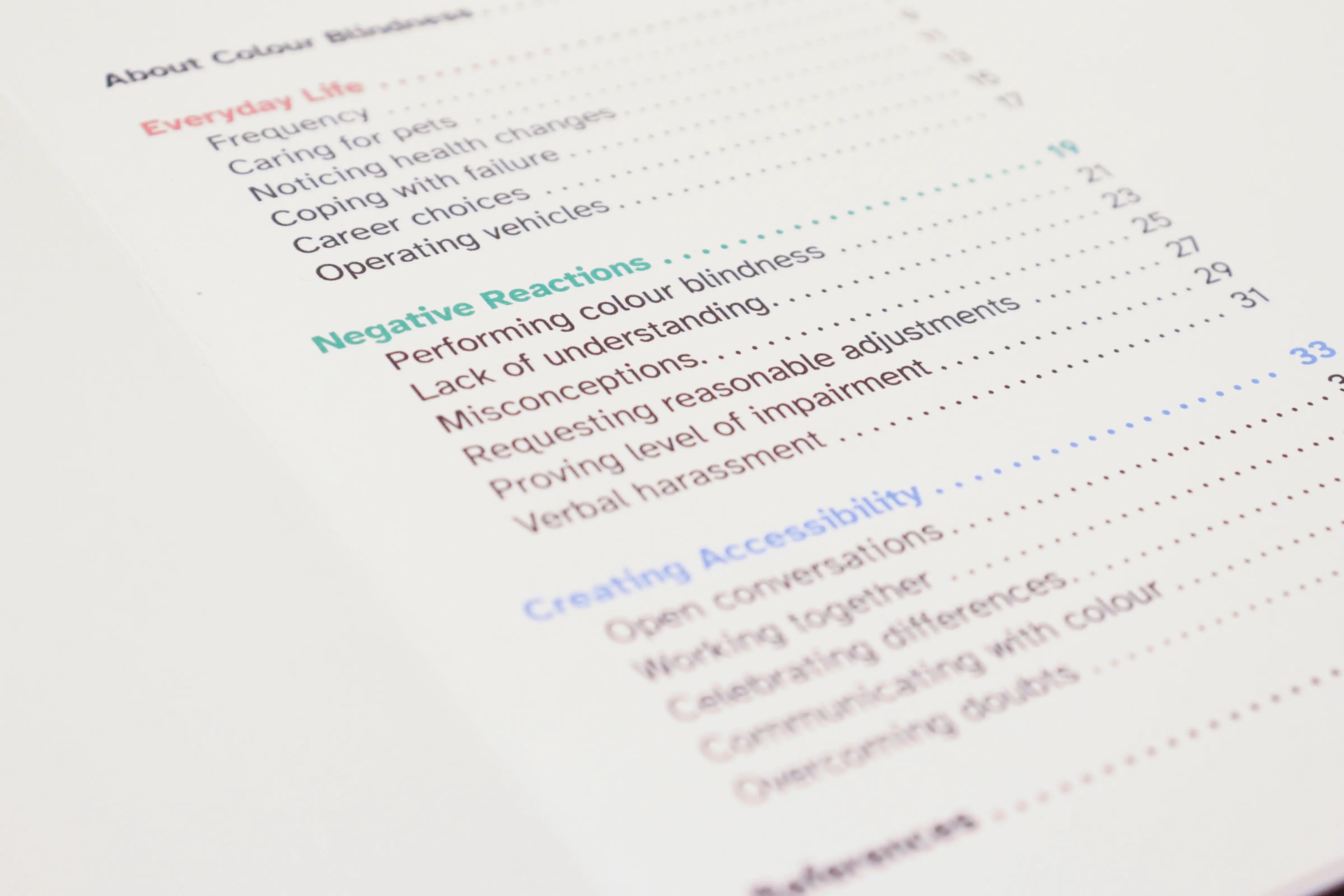 Close-up showing table of contents