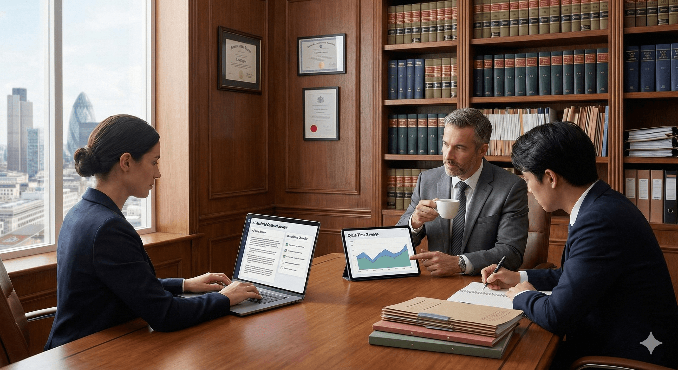A group of professionals collaborates in a modern office, engaging with a Miro network diagram displayed on a large digital whiteboard, surrounded by technology equipment and servers.