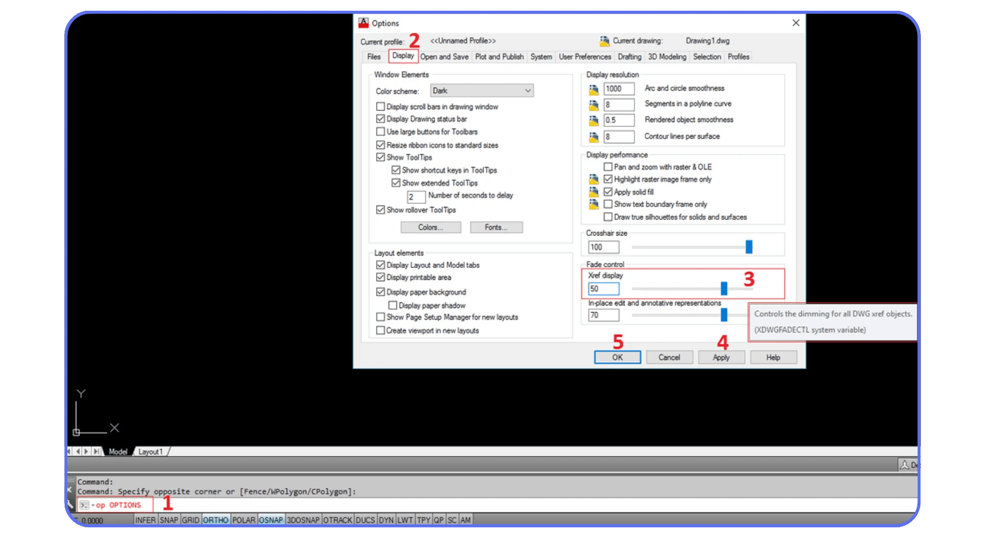 AutoCAD Options dialog with display settings and crosshair adjustments highlighted.