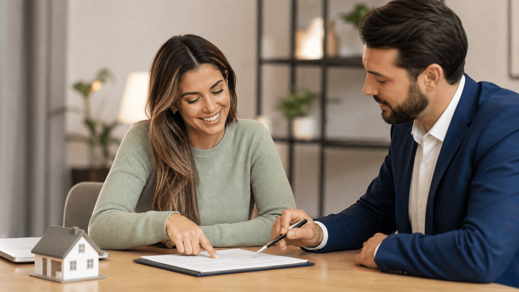 A buyer and a real estate agent sitting across from each other at a table, reviewing a contract document together. The buyer looks confident and engaged, pointing at a clause on the paper. Clean, modern flat illustration style with warm neutral tones. No text, no words, no labels anywhere in the image.