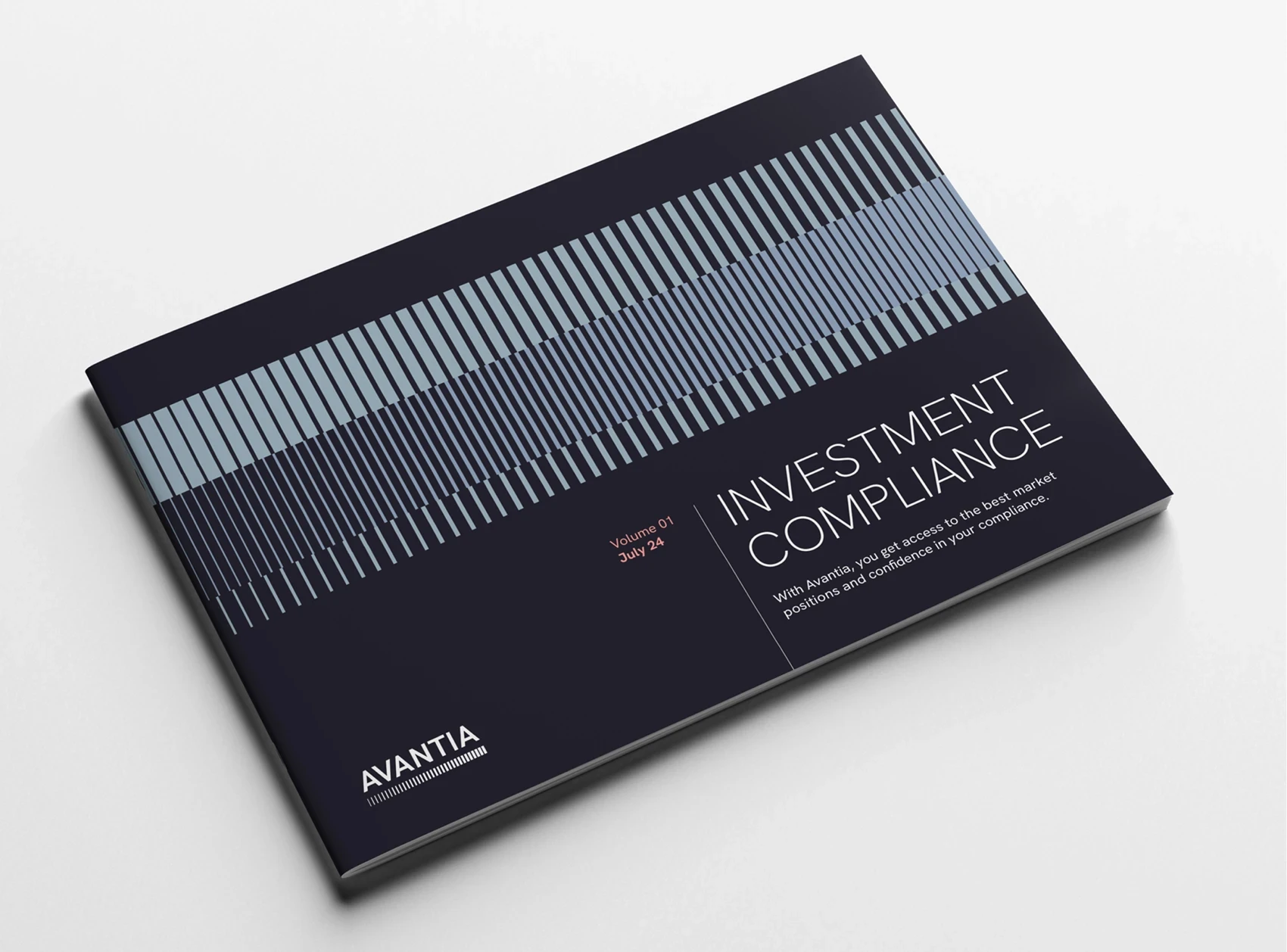 Flat-lay of a black booklet titled ‘INVESTMENT COMPLIANCE’. The cover features a pattern of alternating vertical blue lines and the Avantia logo. A subheading reads: ‘With Avantia, you get access to the best market positions and confidence in your compliance.