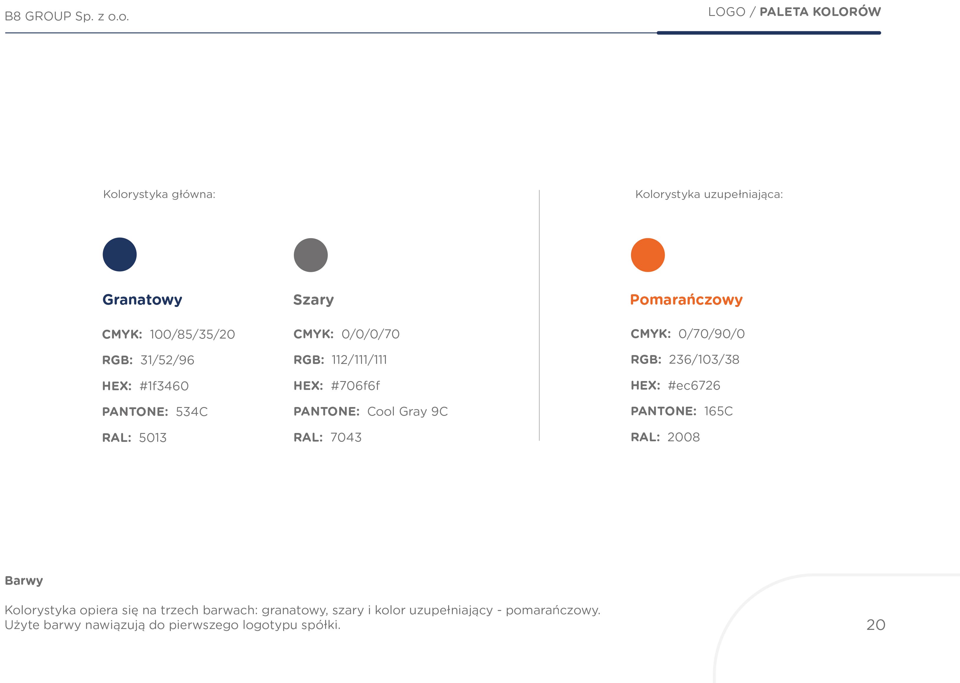 Paleta kolorów w księdze znaku B8 Group zawierająca granat oraz pomarańcz wraz z parametrami technicznymi CMYK i Pantone dla spójnego brandingu.