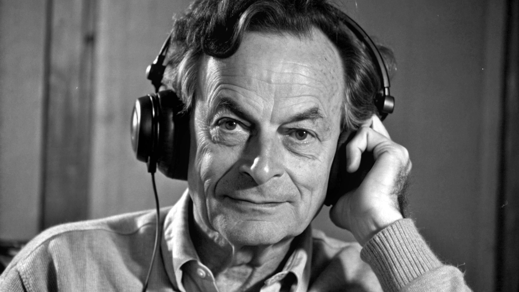 Richard Feynman in a headphones listening a podcast