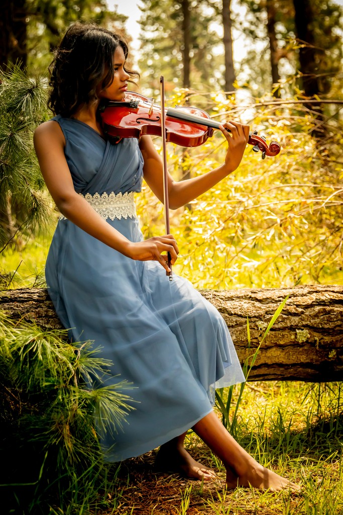 A young woman in a flowing blue dress plays the violin while sitting on a log in a sunlit forest. The natural surroundings, with lush greenery and golden light filtering through the trees, create a serene and enchanting atmosphere, highlighting her musical talent and connection with nature.