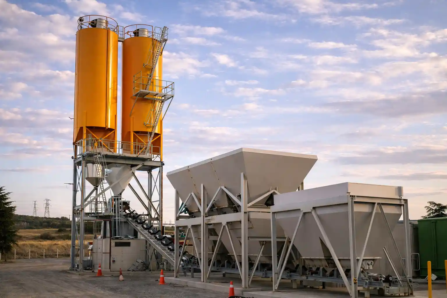 Concrete batching plant with orange cement silos and mixing system