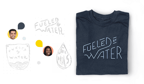 Fueled by Water t-shirt design with sketches and user avatars.