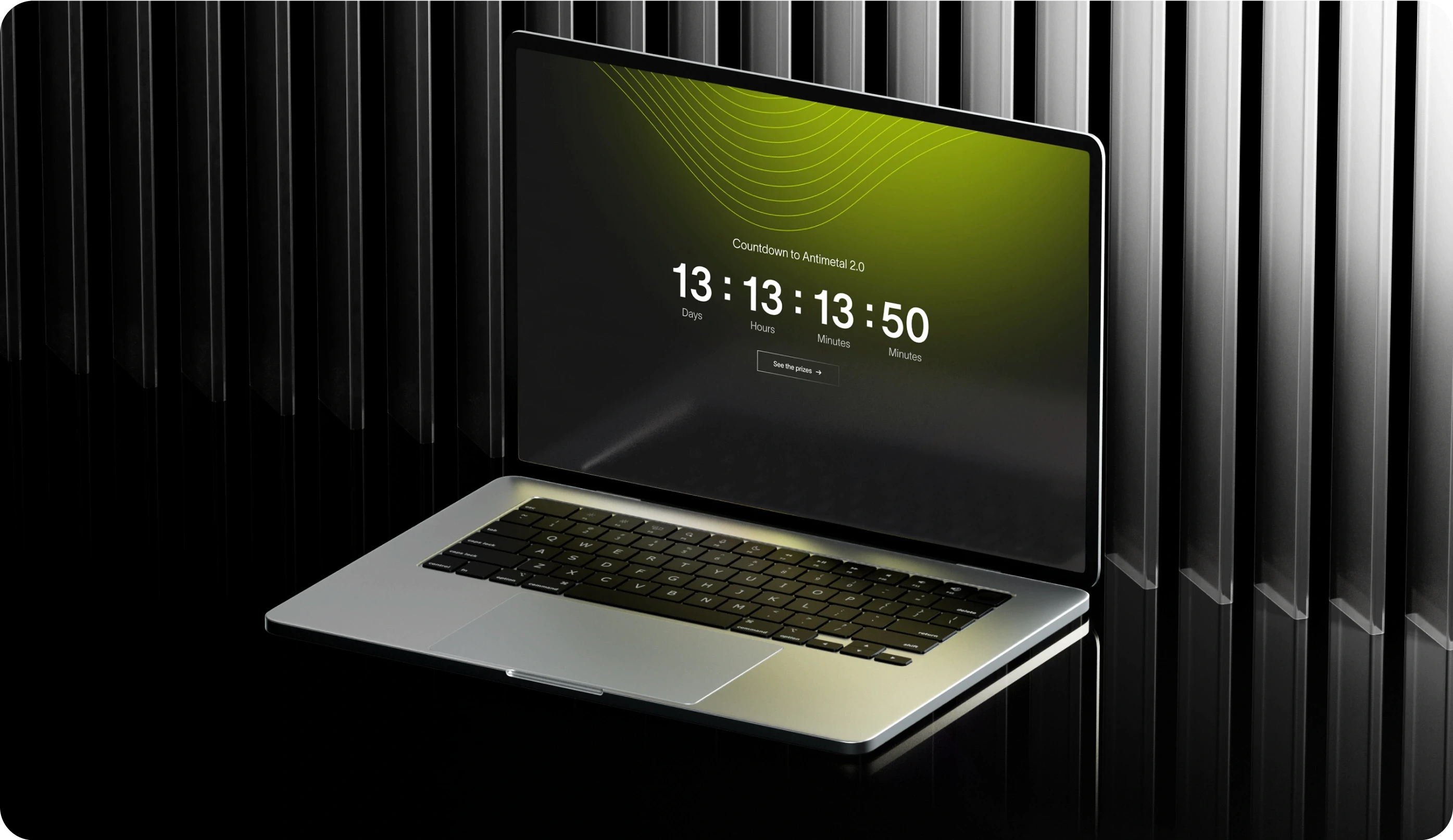 Laptop displaying a countdown timer for 'Antimetal 2.0.' The timer shows 13 days, 13 hours, 13 minutes, and 50 seconds remaining. The screen has a dark background with green wave graphics at the top, and a 'See the plans' button below the countdown.