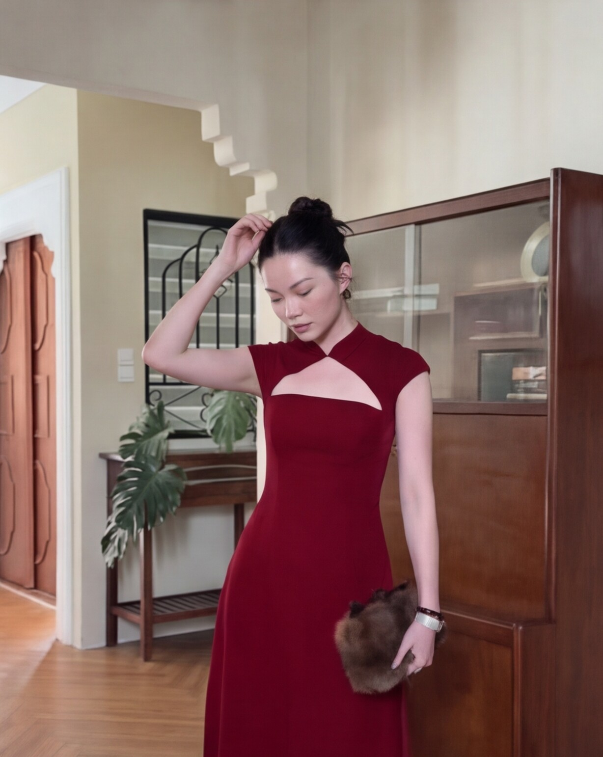Burgundy Halter Dress with Black Heels