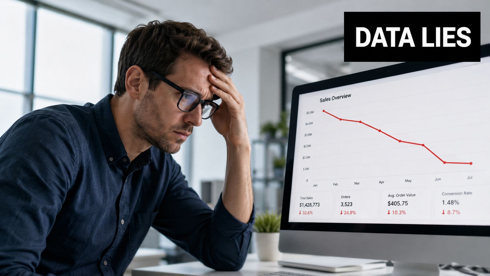 A stressed businessman looking at a monitor displaying declining sales data and negative trends in an office.
