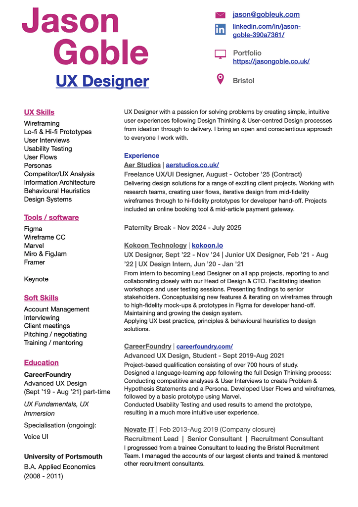 PNG image CV of Jason Goble, UX Designer